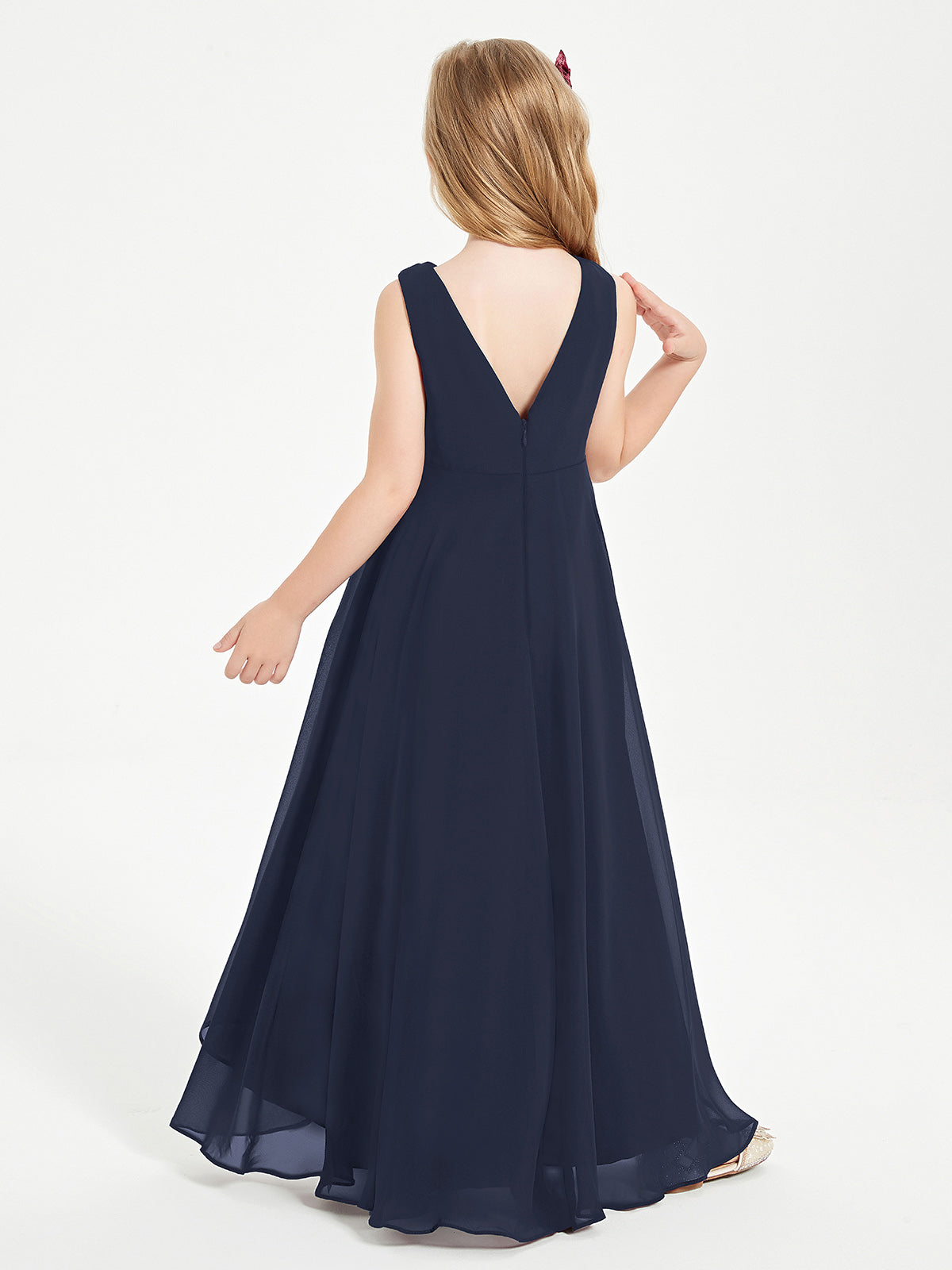 Modern Asymmetrical Cowl Neck Junior Bridesmaid Dresses Dark Navy